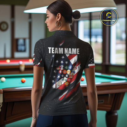 Personalized American Flag Black Grunge Billiard Shirt For Women, Patriotic 8 Ball Pool Team Jersey TDM4444