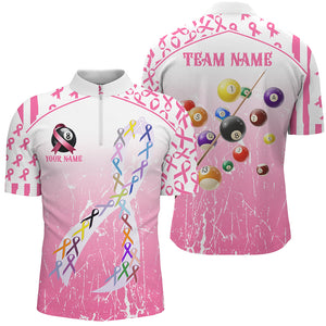 Colorful Ribbon Custom Pink Billiard Shirts For Men, Funny Breast Cancer Shirts Gift For Pool Lover TDM2367
