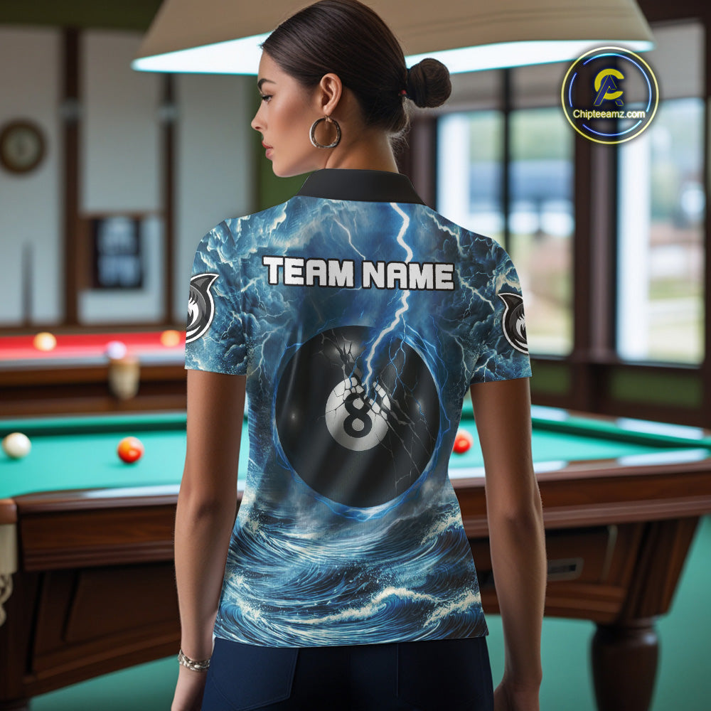 Blue 8 Ball Pool Billiard Shark Polo & Quarter Zip For Women Custom Thunder Storm Billiard Jersey TDM4691