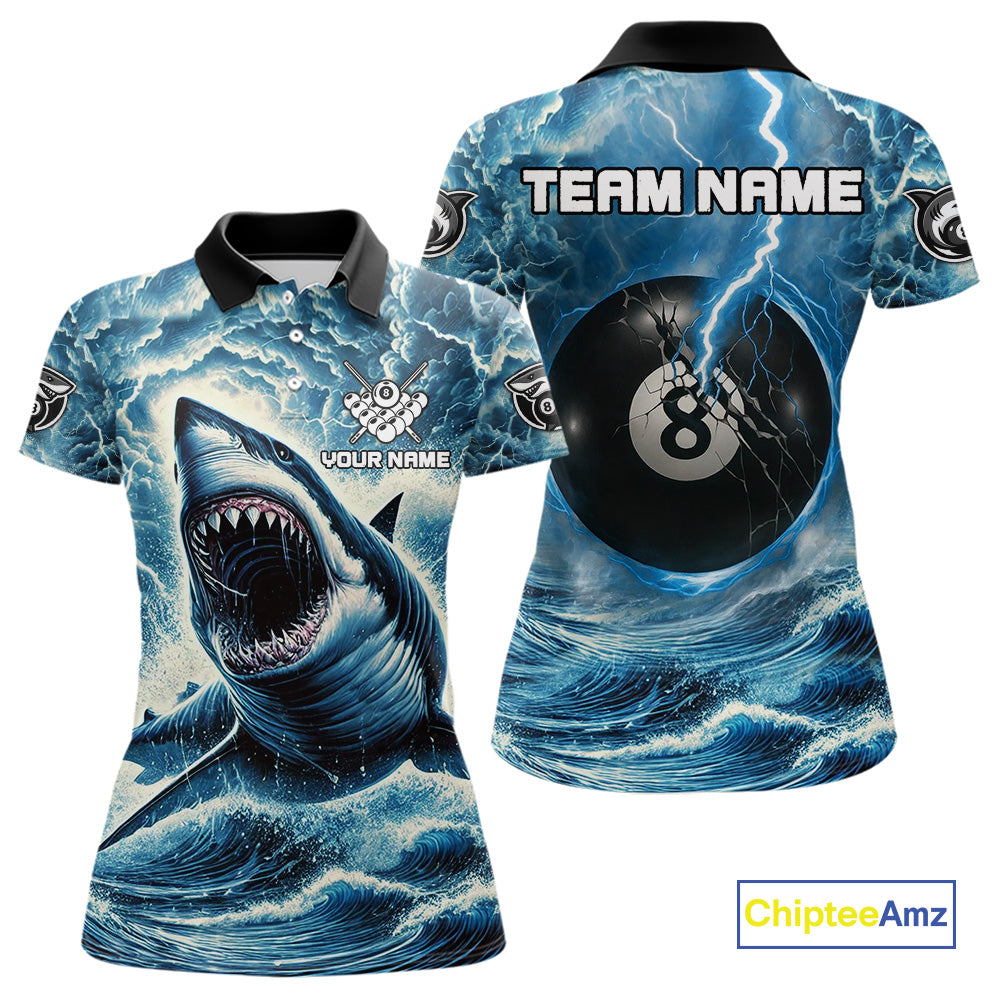 Blue 8 Ball Pool Billiard Shark Polo & Quarter Zip For Women Custom Thunder Storm Billiard Jersey TDM4691