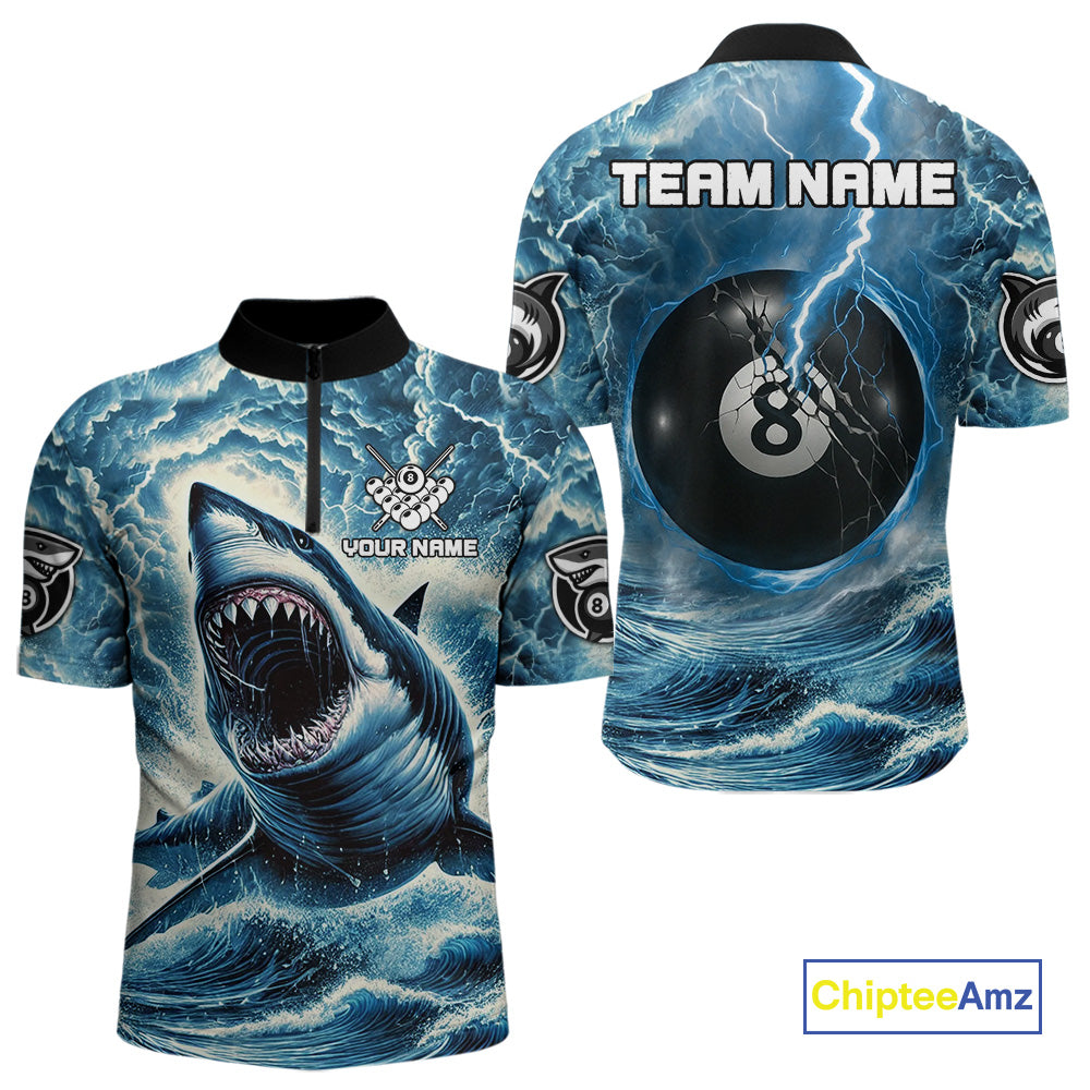 Blue 8 Ball Pool Billiard Shark Polo & Quarter Zip For Men Custom Thunder Storm Billiard Jersey TDM4691
