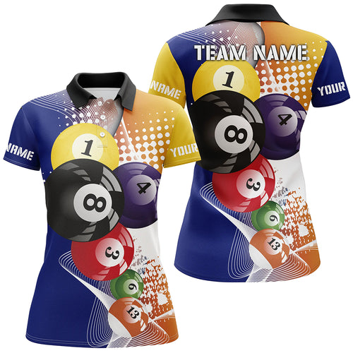 Custom Name Multicolor Billiard Balls 3D All Over Printed Polo Shirts For Women, Billiard Lover Team TDM0229