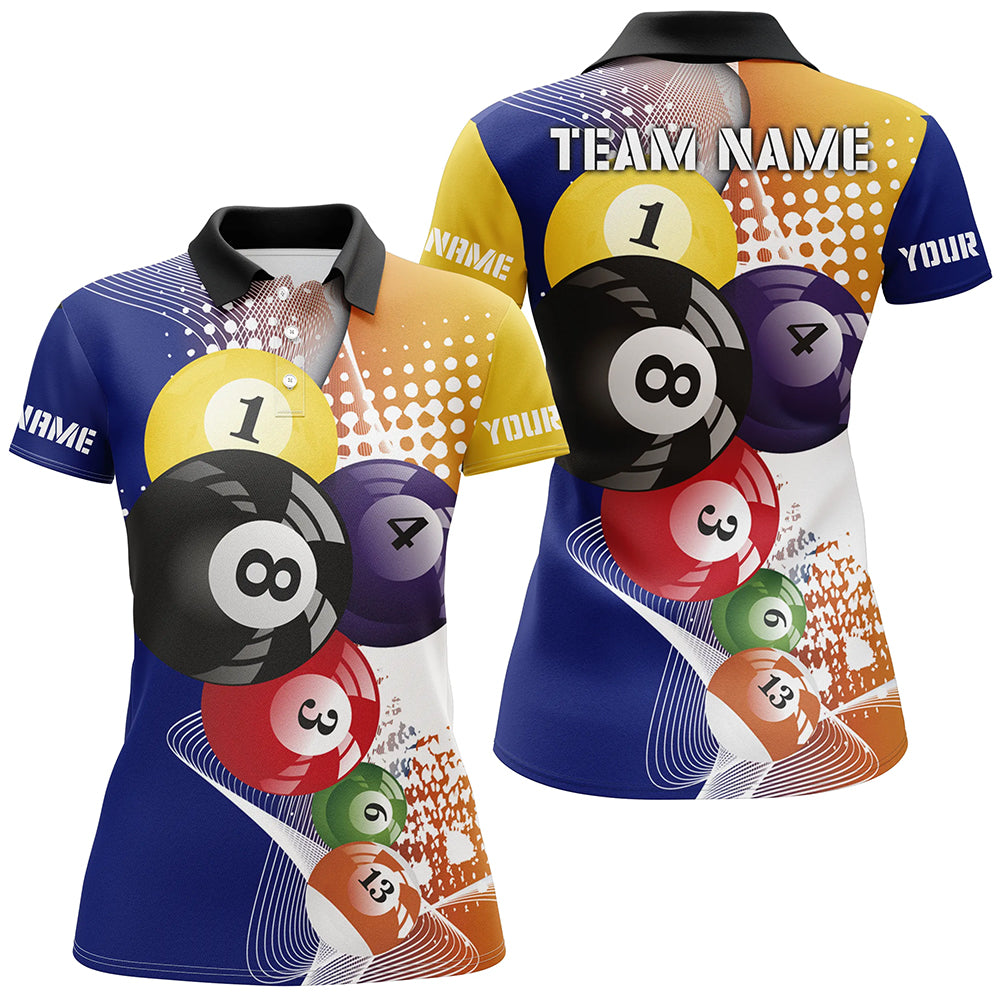 Custom Name Multicolor Billiard Balls 3D All Over Printed Polo Shirts For Women, Billiard Lover Team TDM0229