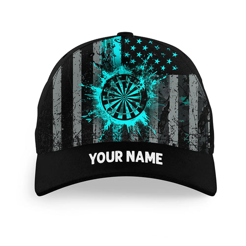 Custom Turquoise Grunge US Flag Patriotic Darts Hat, Personalized Baseball Darts Cap Gifts TDM2611