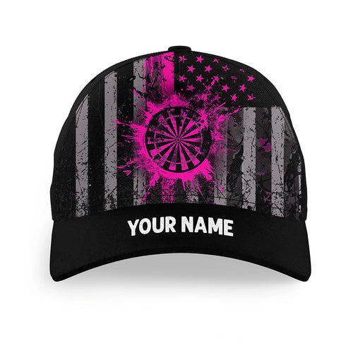 Custom Pink Grunge US Flag Patriotic Darts Hat, Personalized Baseball Darts Cap Gifts TDM2613