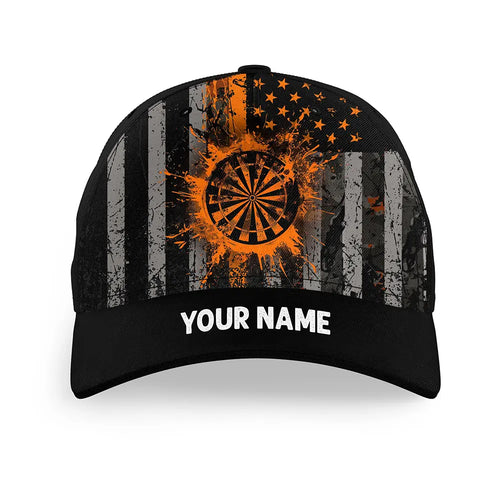 Custom Orange Grunge US Flag Patriotic Darts Hat, Personalized Baseball Darts Cap Gifts TDM2614