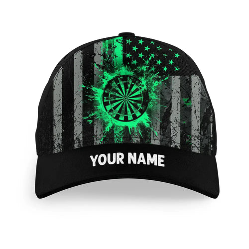 Custom Green Grunge US Flag Patriotic Darts Hat, Personalized Baseball Darts Cap Gifts TDM2615