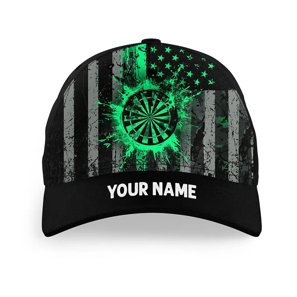 Custom Green Grunge US Flag Patriotic Darts Hat, Personalized Baseball Darts Cap Gifts TDM2615