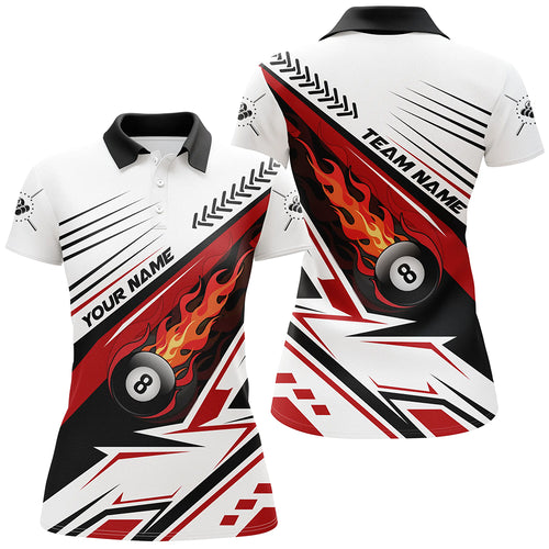 Personalized Red Flaming 8 Ball Billiard Women Polo Shirts Custom Billiard Pool Team Jerseys Shirts TDM0444