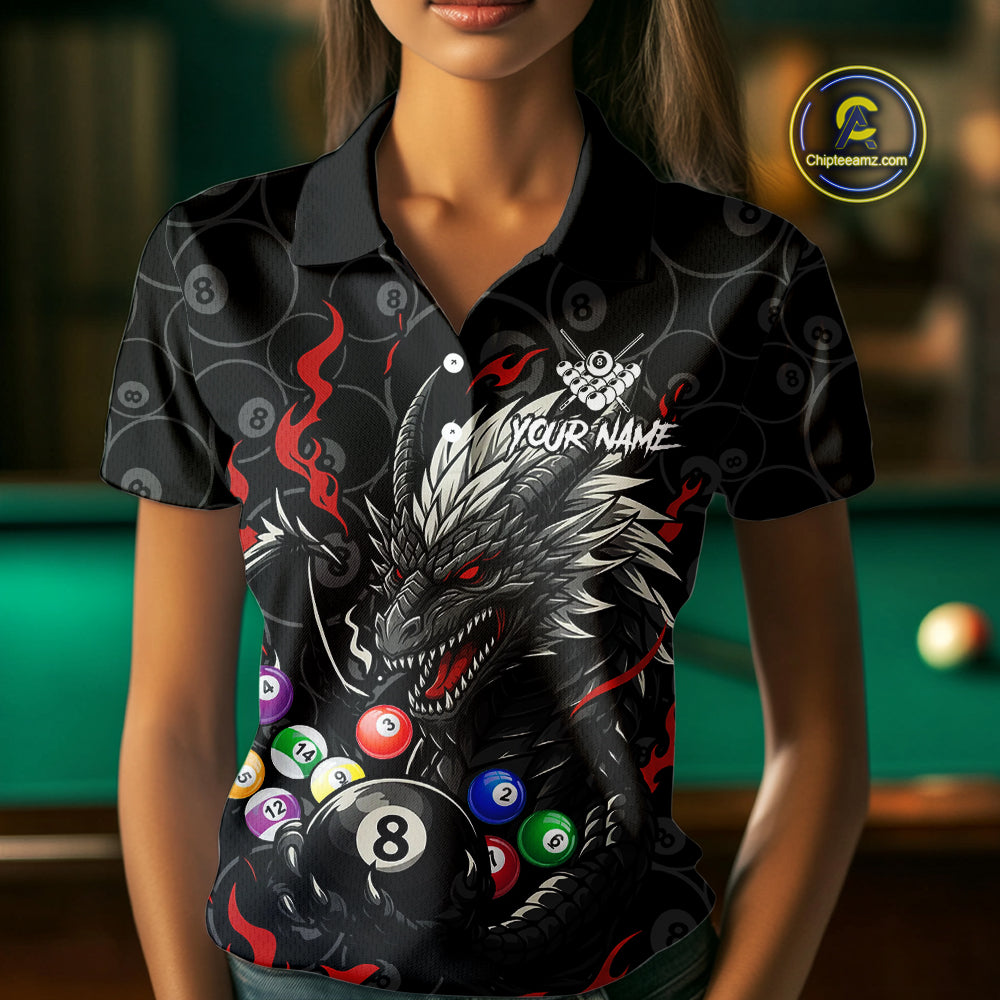 Personalized 8 Ball Dragon Billiard Shirt For Women, Billiard Team Jersey Polo & 1/4 Zip |Red TDM5109