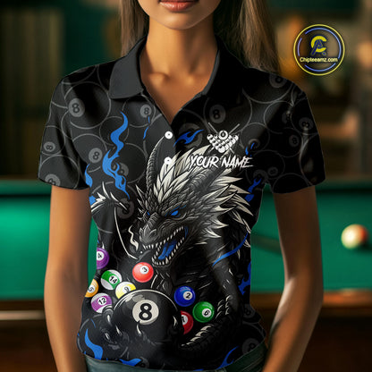 Personalized 8 Ball Dragon Billiard Shirt For Women, Billiard Team Jersey Polo & 1/4 Zip |Blue TDM5110
