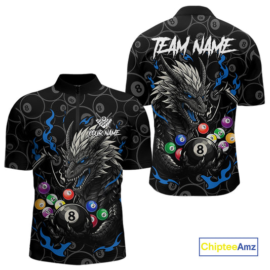 Personalized 8 Ball Dragon Billiard Shirt For Men, Billiard Team Jersey Polo & 1/4 Zip |Blue TDM5110