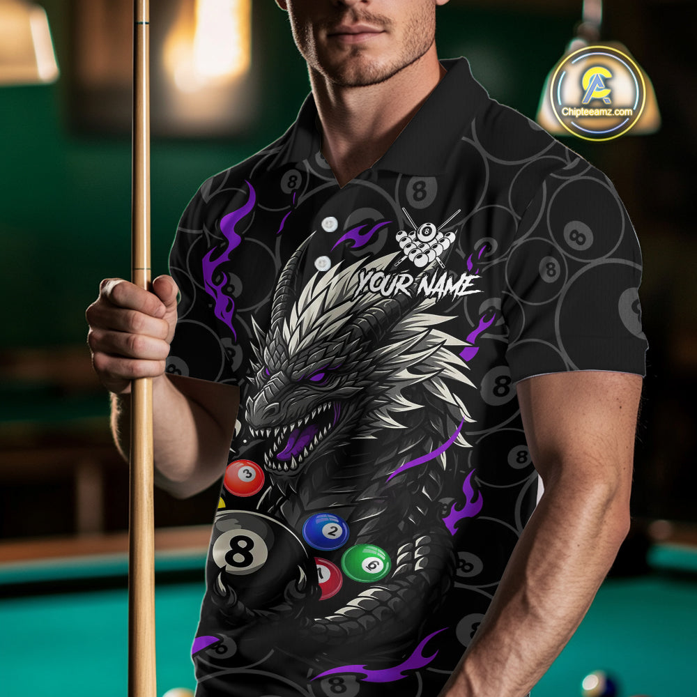 Personalized 8 Ball Dragon Billiard Shirt For Men, Billiard Team Jersey Polo & 1/4 Zip |Purple TDM5111