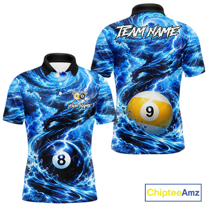 Blue 8 Ball & 9 Ball Storm Thunder Lightning Billiard Shirts for Men Custom Pool Team Jersey TDM8014