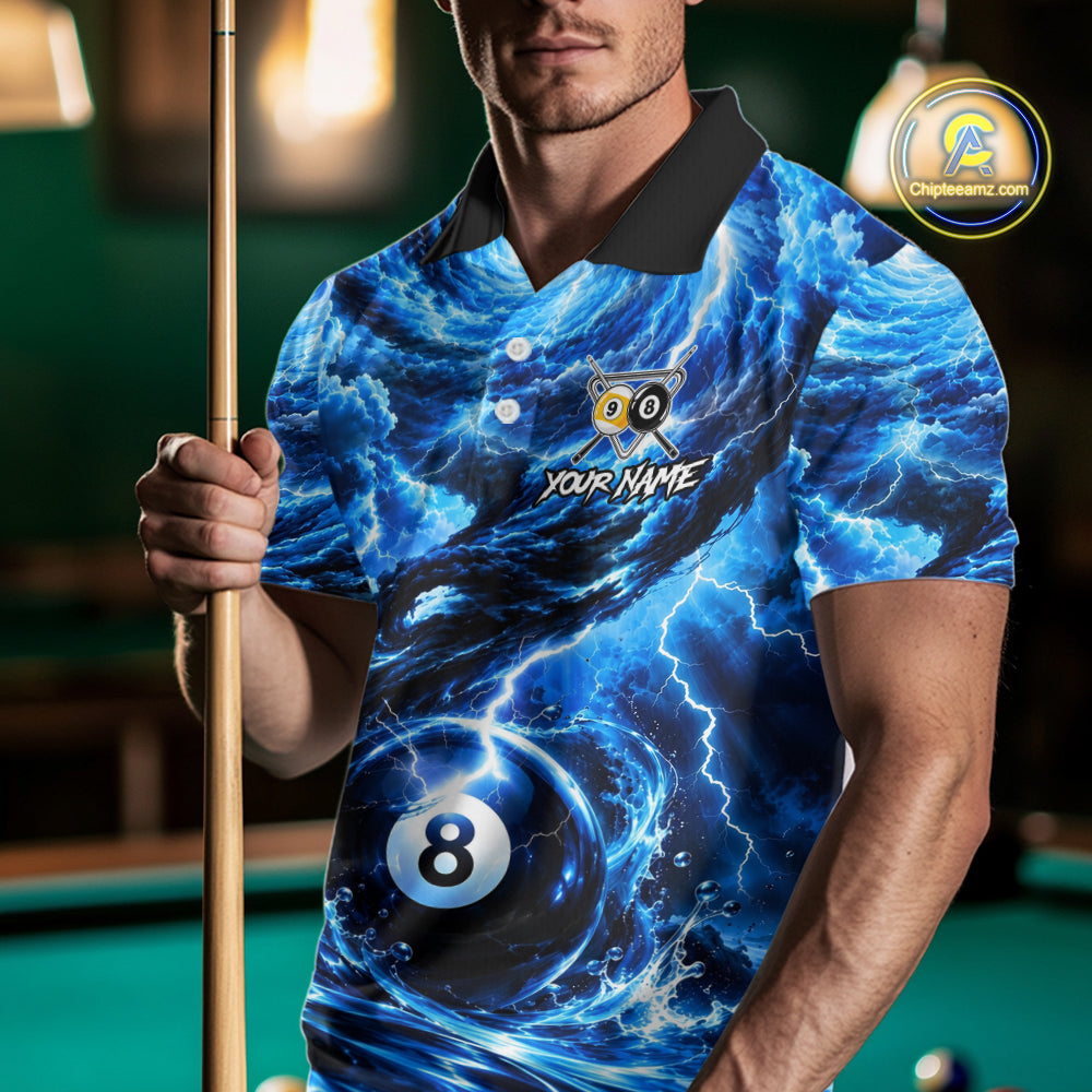 Blue 8 Ball & 9 Ball Storm Thunder Lightning Billiard Shirts for Men Custom Pool Team Jersey TDM8014