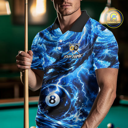 Blue 8 Ball & 9 Ball Storm Thunder Lightning Billiard Shirts for Men Custom Pool Team Jersey TDM8014