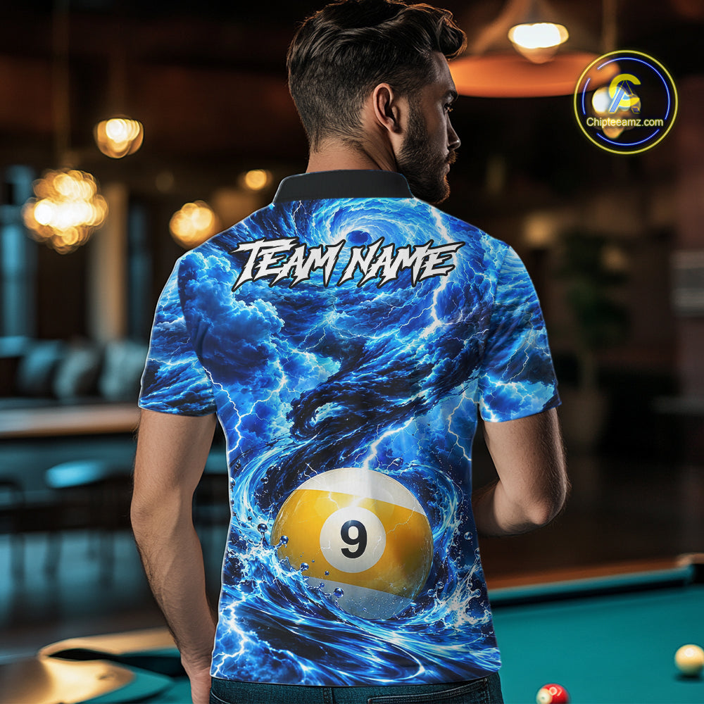 Blue 8 Ball & 9 Ball Storm Thunder Lightning Billiard Shirts for Men Custom Pool Team Jersey TDM8014