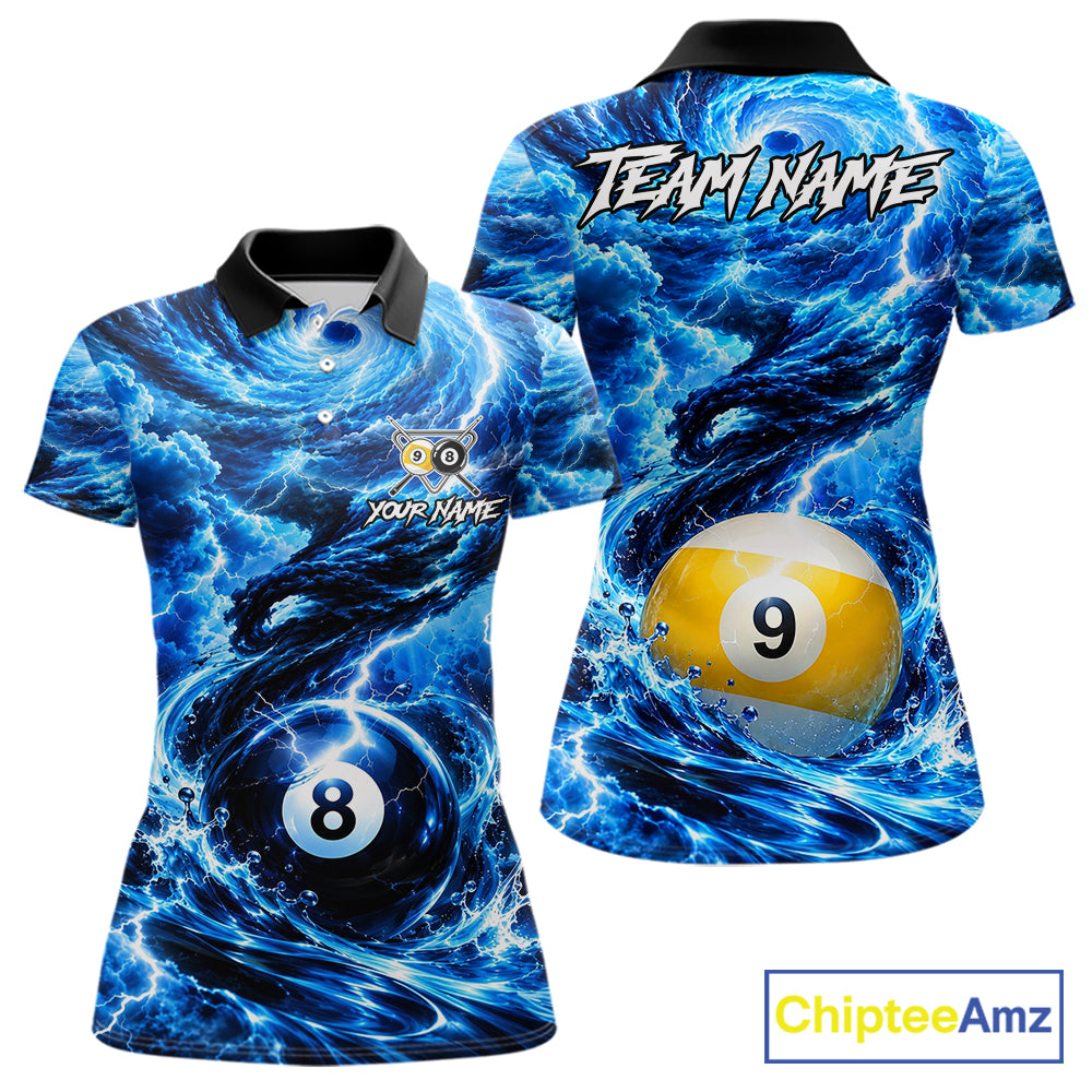 Blue 8 Ball & 9 Ball Storm Thunder Lightning Billiard Shirts for Women Custom Pool Team Jersey TDM8014