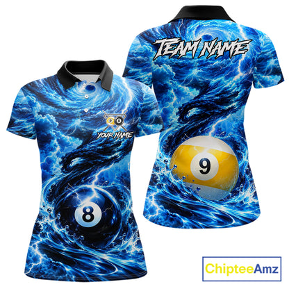 Blue 8 Ball & 9 Ball Storm Thunder Lightning Billiard Shirts for Women Custom Pool Team Jersey TDM8014