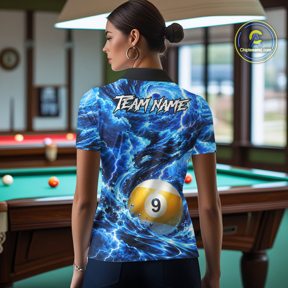 Blue 8 Ball & 9 Ball Storm Thunder Lightning Billiard Shirts for Women Custom Pool Team Jersey TDM8014