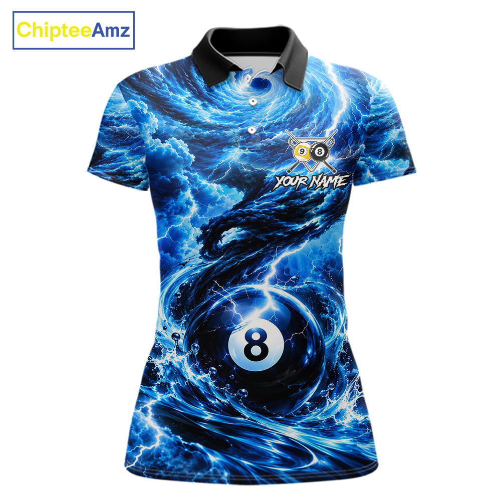 Blue 8 Ball & 9 Ball Storm Thunder Lightning Billiard Shirts for Women Custom Pool Team Jersey TDM8014