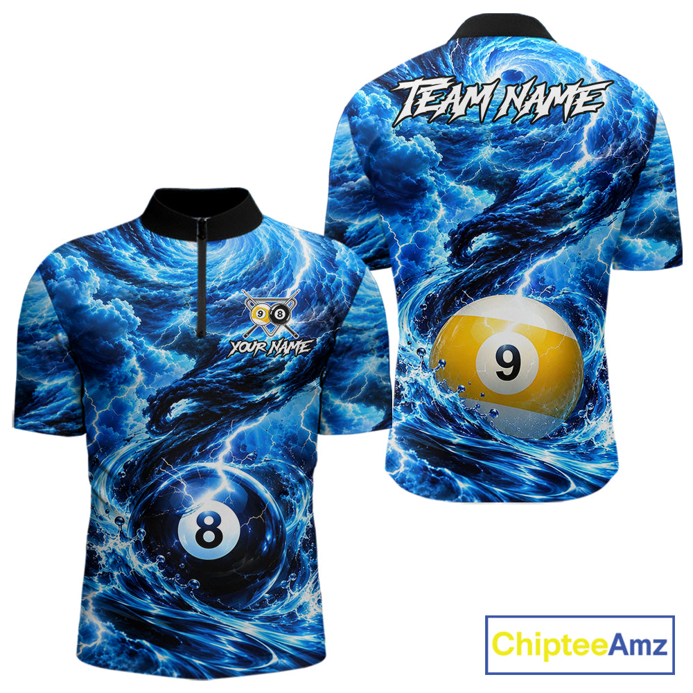 Blue 8 Ball & 9 Ball Storm Thunder Lightning Billiard Shirts for Men Custom Pool Team Jersey TDM8014