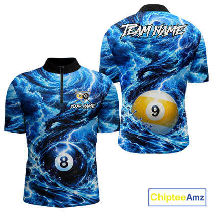 Blue 8 Ball & 9 Ball Storm Thunder Lightning Billiard Shirts for Men Custom Pool Team Jersey TDM8014