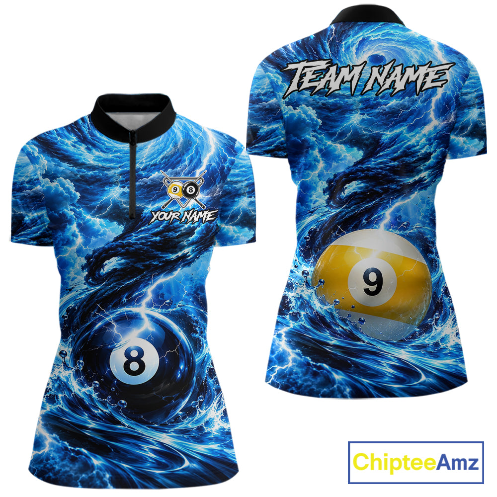 Blue 8 Ball & 9 Ball Storm Thunder Lightning Billiard Shirts for Women Custom Pool Team Jersey TDM8014