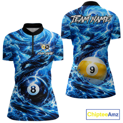 Blue 8 Ball & 9 Ball Storm Thunder Lightning Billiard Shirts for Women Custom Pool Team Jersey TDM8014