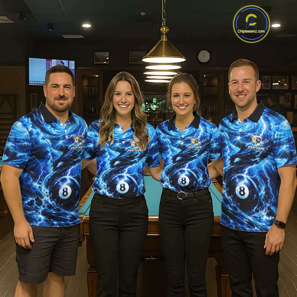 Blue 8 Ball & 9 Ball Storm Thunder Lightning Billiard Shirts for Men Custom Pool Team Jersey TDM8014