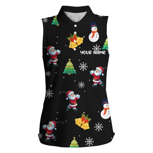 Funny Santa Christmas Pattern Black Women Sleeveless Polo Shirt Custom Golf Tops Best Golfing Gifts TDM3095