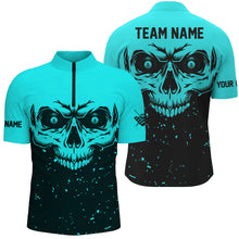 Load image into Gallery viewer, Custom Grunge Cyan Black Skull Billiard Men Jerseys Shirts, 8 Ball Billiards Apparel Clothing TDM3100