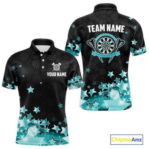 Funny Custom Dart Shirt For Men, Turquoise Black Glowing Star Pattern Darts Polo & Quarter Zip TDM5325