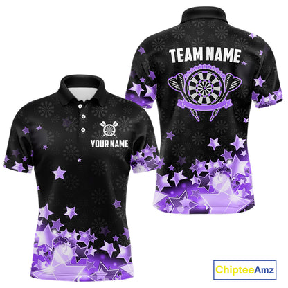 Funny Custom Dart Shirt For Men, Black And Purple Glowing Star Pattern Darts Polo & Quarter Zip TDM5326