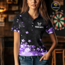 Load image into Gallery viewer, Funny Custom Dart Shirt For Women, Black And Purple Glowing Star Pattern Darts Polo &amp; Quarter Zip TDM5326