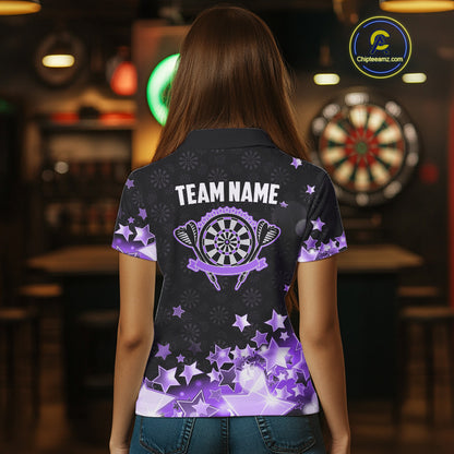 Funny Custom Dart Shirt For Women, Black And Purple Glowing Star Pattern Darts Polo & Quarter Zip TDM5326