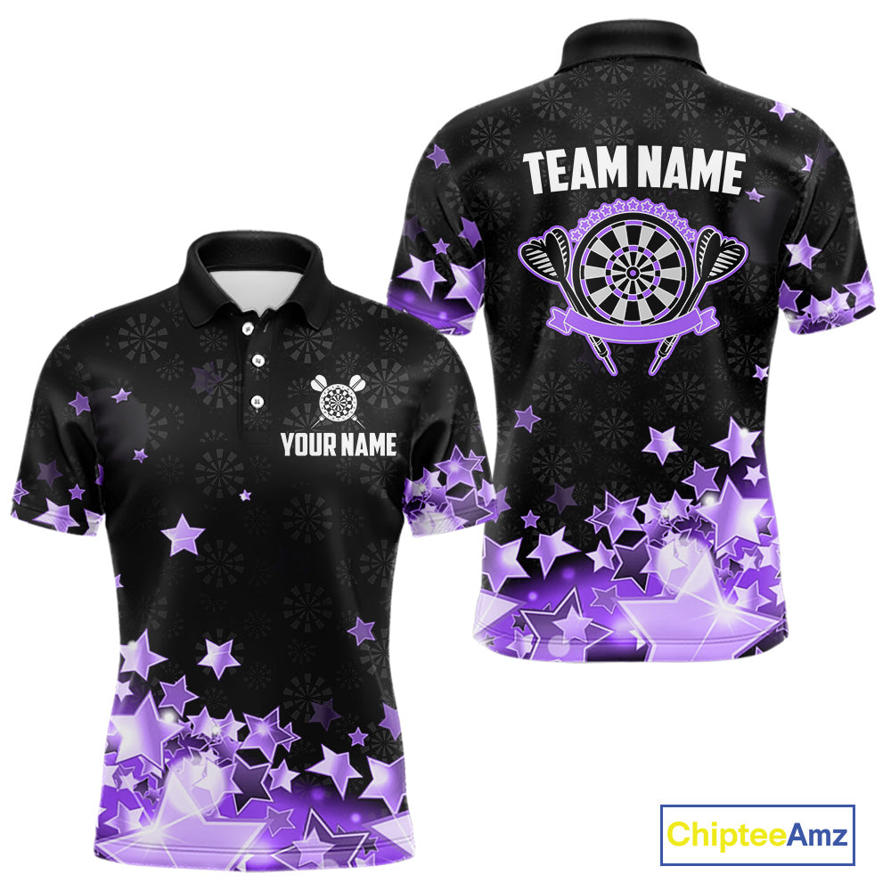 Funny Custom Dart Shirt For Men, Black And Purple Glowing Star Pattern Darts Polo & Quarter Zip TDM5326