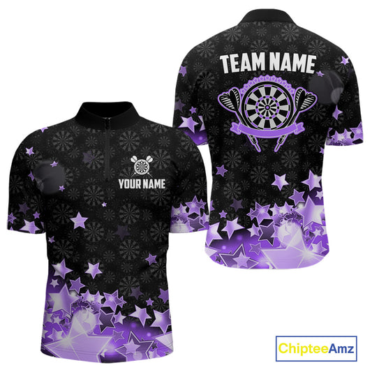 Funny Custom Dart Shirt For Men, Black And Purple Glowing Star Pattern Darts Polo & Quarter Zip TDM5326