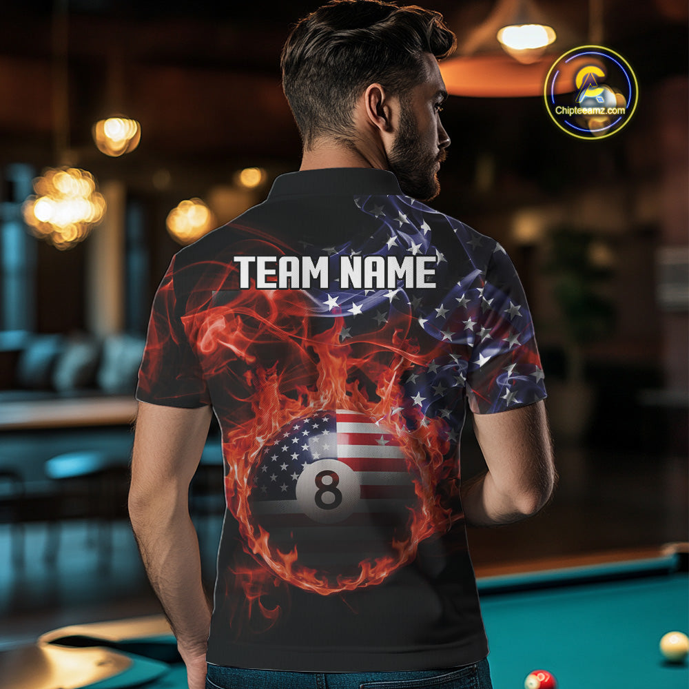 American Flag Smoke Fire 8 Ball Pool Billiard Shirt For Men Custom Patriotic Billiard Team Jersey TDM5332