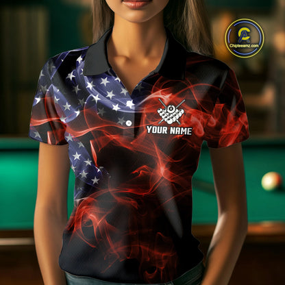 American Flag Smoke Fire 8 Ball Pool Billiard Shirt For Women Custom Patriotic Billiard Team Jersey TDM5332
