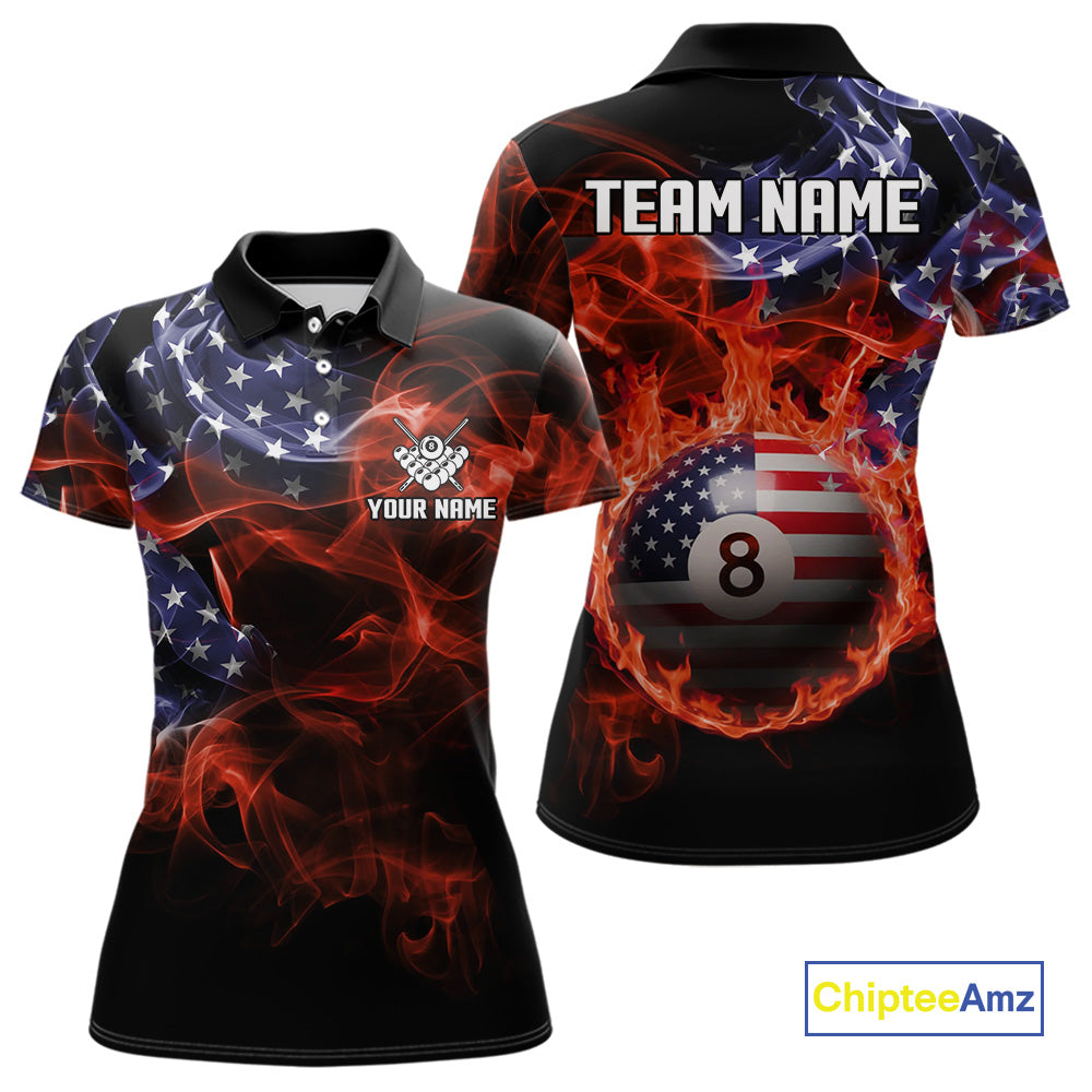 American Flag Smoke Fire 8 Ball Pool Billiard Shirt For Women Custom Patriotic Billiard Team Jersey TDM5332