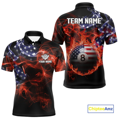 American Flag Smoke Fire 8 Ball Pool Billiard Shirt For Men Custom Patriotic Billiard Team Jersey TDM5332