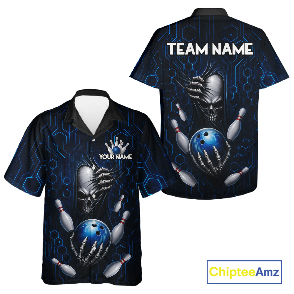 Black And Blue Custom Skull Hawaiian Bowling Shirt For Women, Hexagon Bowling Team Jersey Uniform TDM6425