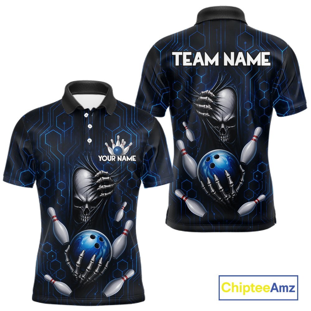 Black And Blue Custom Skull Bowling Shirt For Men, Hexagon Bowling Team Jersey Polo & 1/4 Zip TDM6425