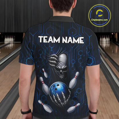 Black And Blue Custom Skull Bowling Shirt For Men, Hexagon Bowling Team Jersey Polo & 1/4 Zip TDM6425