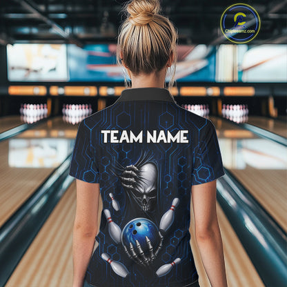 Black And Blue Custom Skull Bowling Shirt For Women, Hexagon Bowling Team Jersey Polo & 1/4 Zip TDM6425