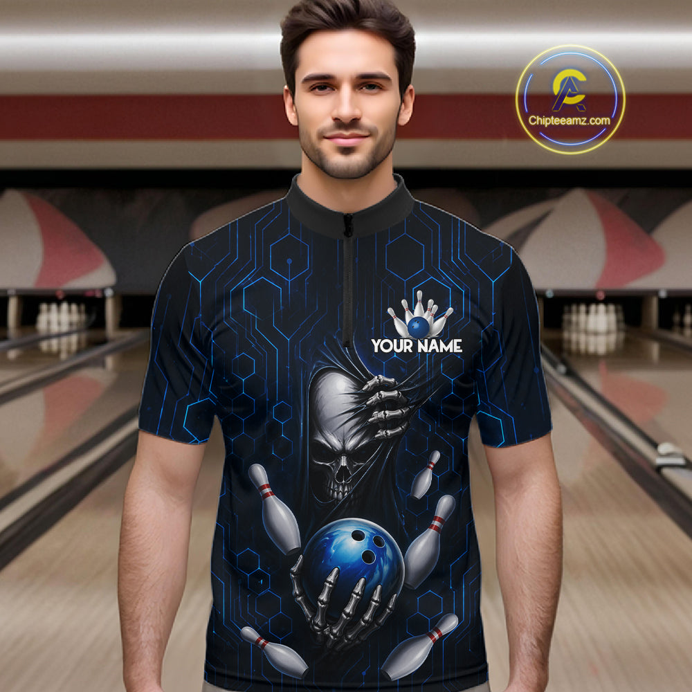 Black And Blue Custom Skull Bowling Shirt For Men, Hexagon Bowling Team Jersey Polo & 1/4 Zip TDM6425