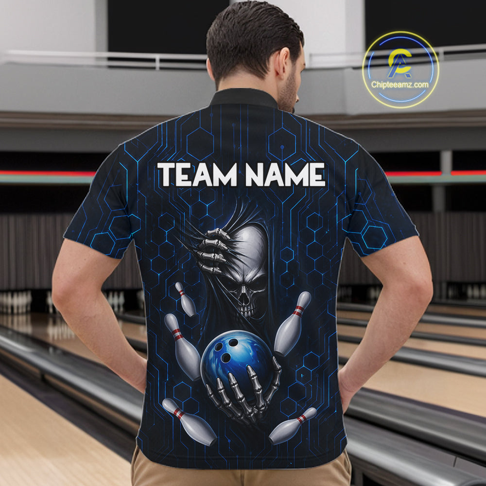 Black And Blue Custom Skull Bowling Shirt For Men, Hexagon Bowling Team Jersey Polo & 1/4 Zip TDM6425
