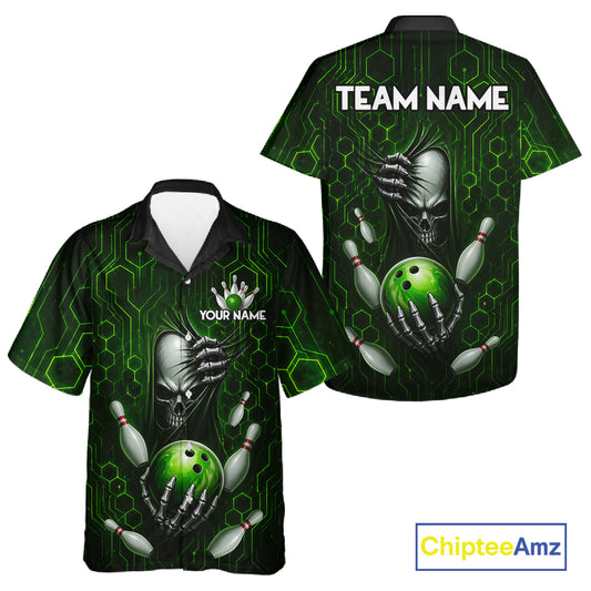 Black And Green Custom Skull Hawaiian Bowling Shirt For Women, Hexagon Bowling Team Jersey Uniform TDM6426