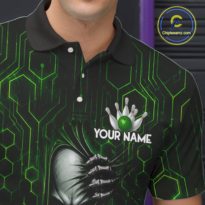 Black And Green Custom Skull Bowling Shirt For Men, Hexagon Bowling Team Jersey Polo & 1/4 Zip TDM6426